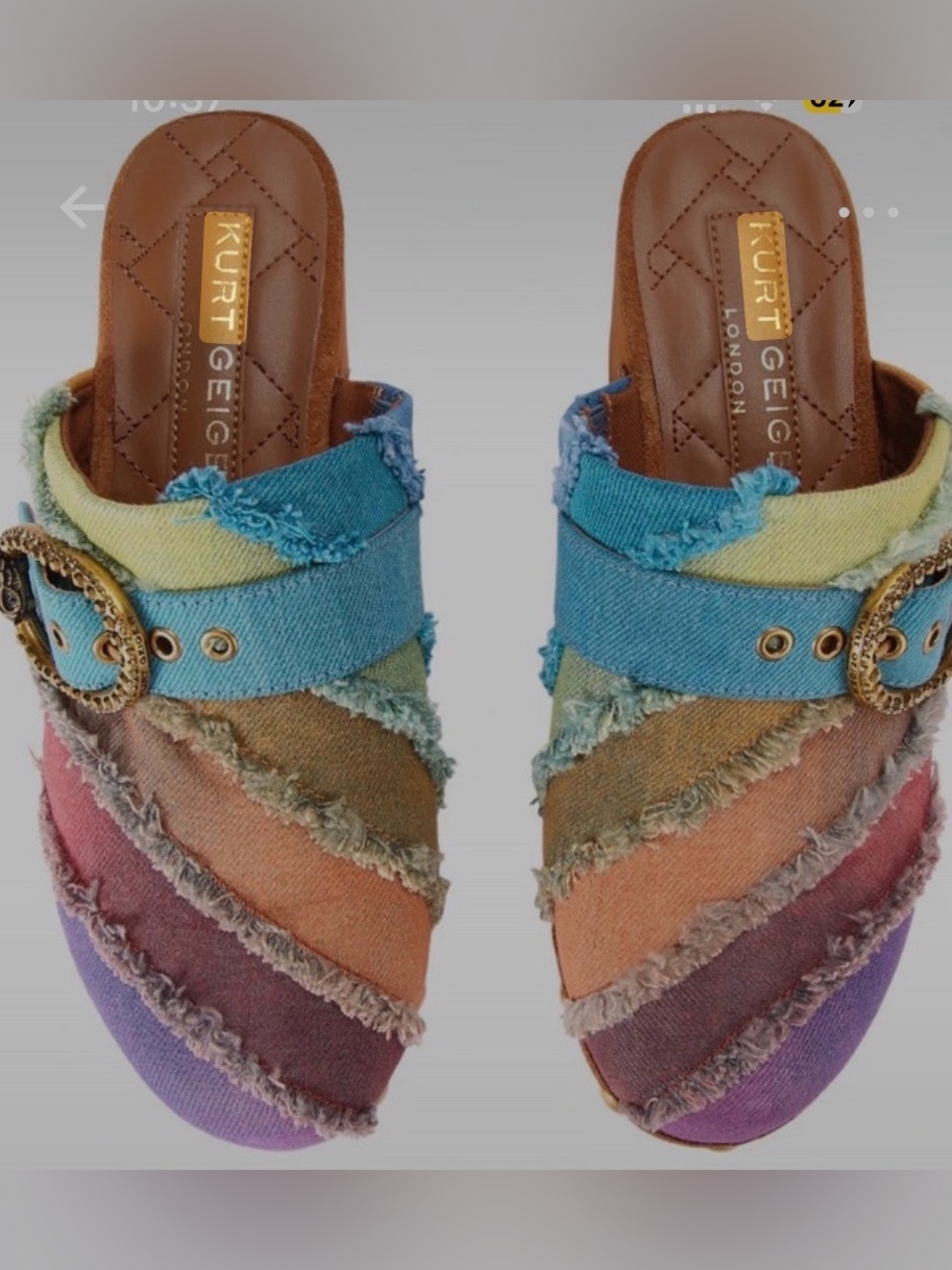 NIB Kurt Geiger Multicolor Frayed Denim Buckle Mules
